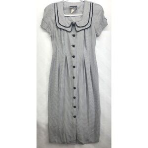 Vintage Brioche California 9/10 Gingham Midi Dress Black White Peter Pan Collar